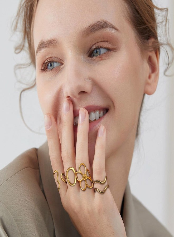 Kysppreu Gold Chunky Rings for Women Asymmetrical Wavy Curve Thumb Ring Irregular Thick Open Statement Rings Adjustable Stainless Steel Flower Finger Rings Non Tarnish - Image 3
